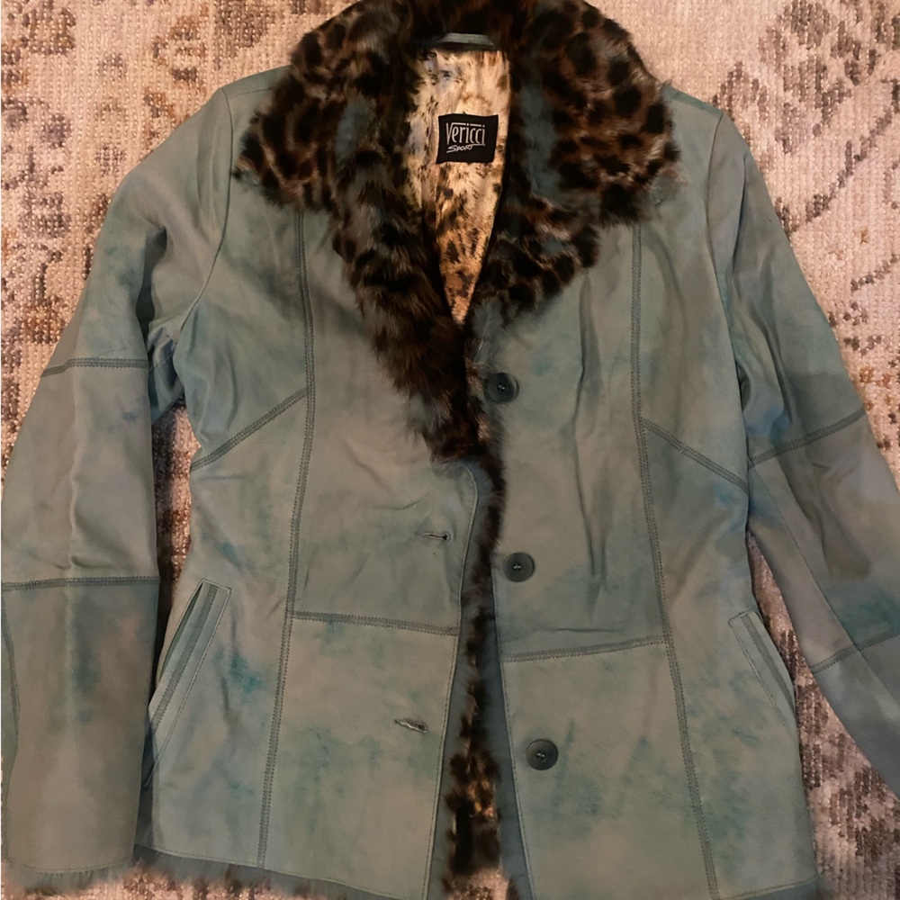 Turquoise real leather coat Coat with Leopardr real -Fur small